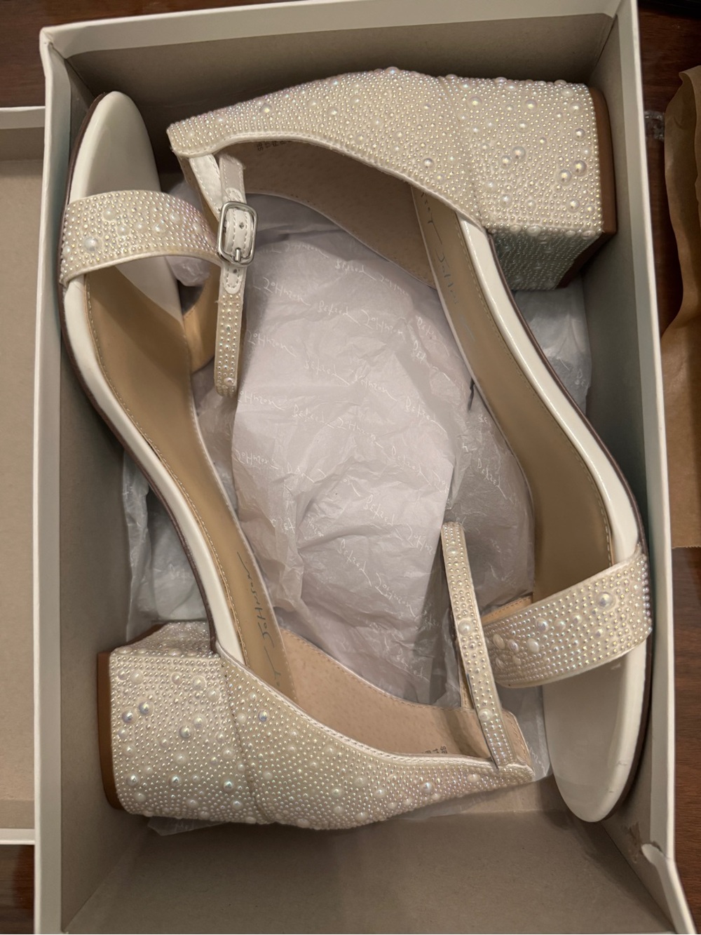 Pearl-Embellished Ivory Open-Toe Block Heel- Women